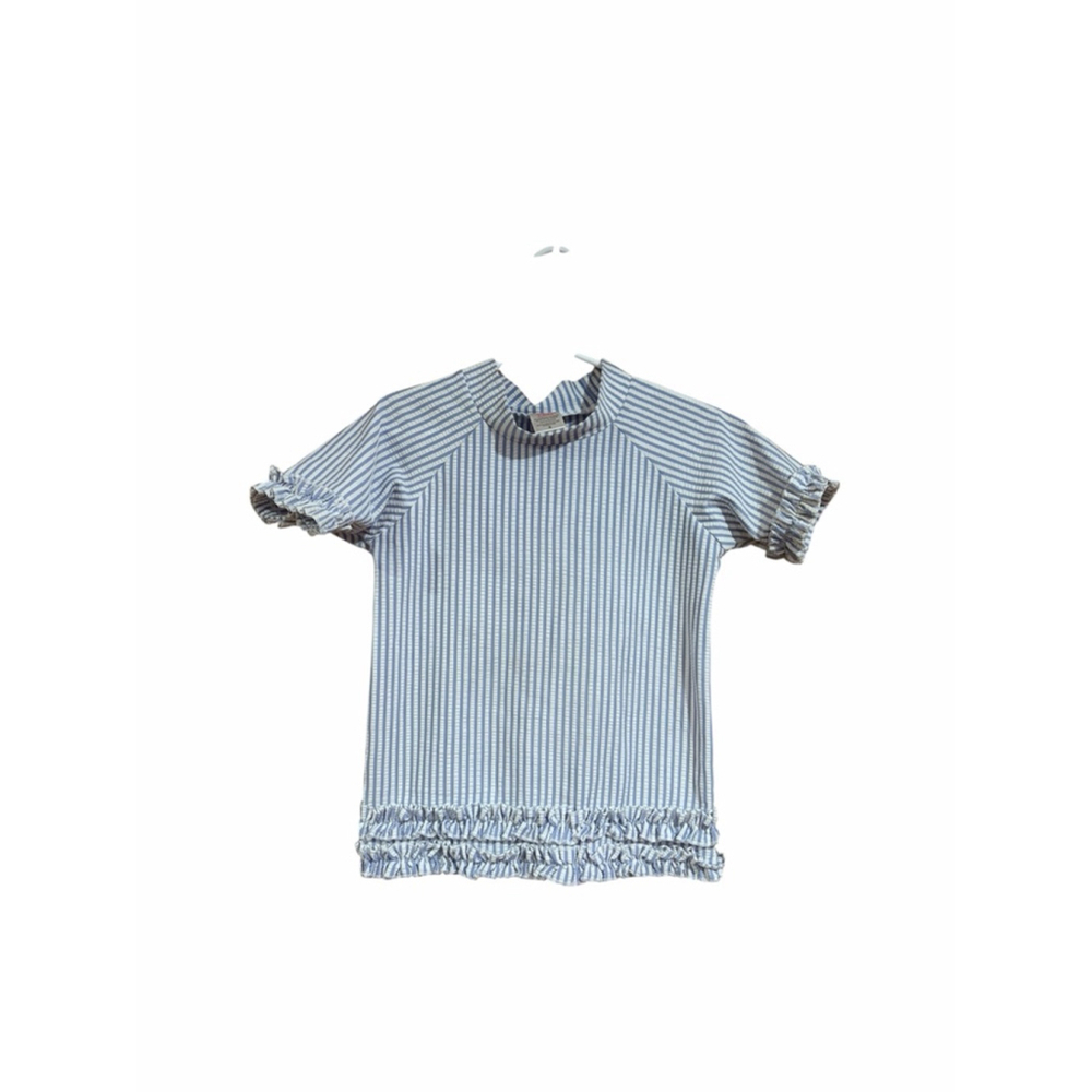 RuffleButts Blue White Seersucker Top Girls Size 5 Preppy Ruffle Hem Summer